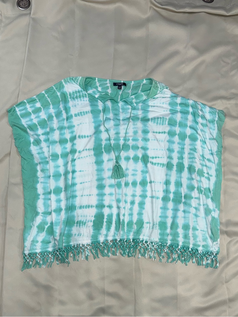 Chaps Women’s XL Mint Tie Dye Poncho Top Fringe Tassel Boho Kaftan - Picture 6 of 7